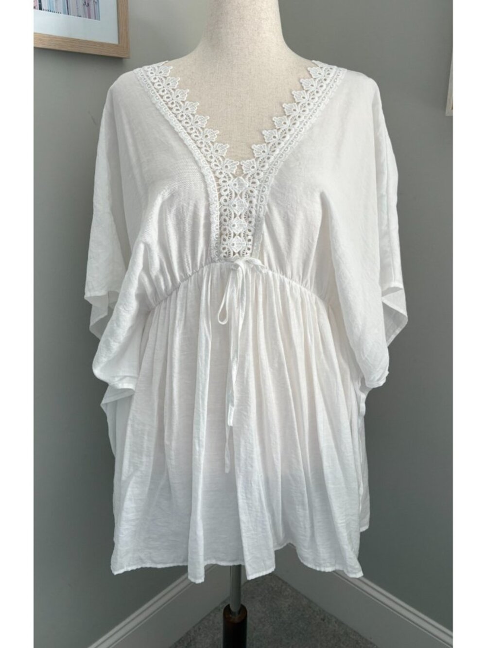 Boho Coastal White Lace Swim Cover Up 1XL Kimono Batwing Beach Resort Tunic